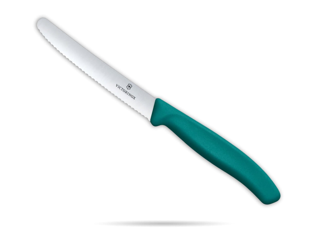 Nóż do pomidorów i kiełbasy 11 cm ząbkowane ostrze zielony Swiss Classic VICTORINOX